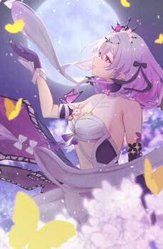 1girl bare_shoulders blurry blurry_background bow breasts bug butterfly castorice_(honkai:_star_rail) closed_mouth commentary_request el_(ll33512) elbow_gloves flower full_moon gloves hair_between_eyes hair_flower hair_ornament highres honkai:_star_rail honkai_(series) insect long_hair looking_up medium_breasts moon pointy_ears purple_butterfly purple_eyes purple_flower purple_gloves purple_hair revision smile solo white_bow