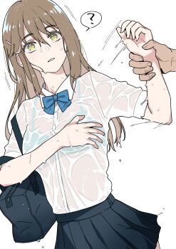 1boy 1girl ? blue_bow blue_bowtie bowtie bra brown_hair collared_shirt covering_breasts covering_privates green_eyes hair_between_eyes hige_bear highres holding_another&#039;s_wrist long_hair original parted_lips pleated_skirt see-through_clothes see-through_shirt shirt shirt_tucked_in short_sleeves simple_background skirt solo_focus spoken_question_mark underwear webp-to-png_conversion wet wet_clothes wet_hair wet_shirt white_background