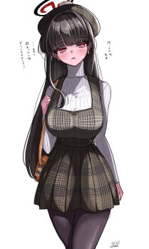 1girl animal_ears bag black_hair black_pantyhose blue_archive blush breasts commentary_request halo handbag highres large_breasts long_hair looking_at_viewer pantyhose parted_lips red_eyes ribbed_sweater ringed_eyes rio_(blue_archive) roemon solo sweater translation_request turtleneck turtleneck_sweater white_background white_sweater