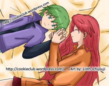 1boy 1girl belt blanket closed_eyes closed_mouth drew_(pokemon) green_eyes green_hair holding_hands jacket lilithichijouji long_hair long_sleeves lowres nintendo pink_hair pokemon pokemon_(anime) pokemon_rse_(anime) solidad_(pokemon)