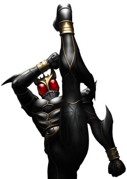 Rule 34 | 1boy, alternate form, armor, axe kick, black armor, black footwear, boots, clenched hands, compound eyes, rider belt, glowing, glowing eyes, highres, kamen rider, kamen rider kuuga, kamen rider kuuga (series), kamen rider kuuga (ultimate form), kicking, male focus, red eyes, rider belt, shoulder armor, spiked gauntlets, split, standing, standing on one leg, standing split, taikyoku tsurugi, tokusatsu, white background
