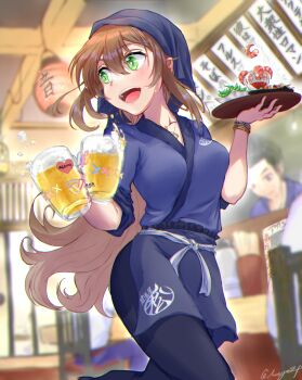 Rule 34 | 1girl, :d, artist name, beer mug, blurry, blurry background, bracelet, breasts, brown hair, chair, cleavage, cup, green eyes, heart, highres, holding, holding tray, indoors, izakaya, jewelry, lantern, matsunaga iori, motoja 72p, mug, necklace, open mouth, paper lantern, samue, shrimp, smile, sweat, tray, twitter username, virtual youtuber, vocaloid, vsinger (vocaloid)