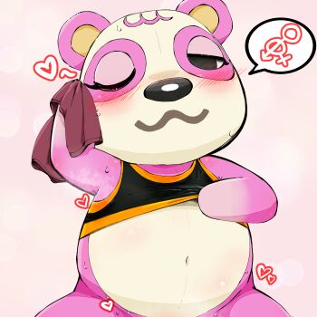 1girl :3 absurdres animal_crossing animal_ears animal_nose bear_ears bear_girl belly black_eyes black_sports_bra body_fur bottomless chibikemo closed_mouth clothes_lift female_focus flat_chest furry furry_female half-closed_eye happy heart highres holding holding_towel interlocked_mars_and_venus_symbols lifting_own_clothes looking_at_viewer mars_symbol navel nintendo one_eye_closed orange_trim out-of-frame_censoring pink_background pink_fur pinky_(animal_crossing) red_leopard simple_background sitting smile solo spoken_heart spoken_mars_symbol spoken_venus_symbol sports_bra sports_bra_lift spread_legs steam steaming_body stomach sweat towel two-tone_fur venus_symbol white_fur wiping_face