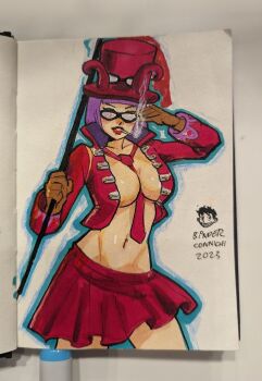 1girl 2023 belo_betty bernhard_binder between_breasts bob_cut breasts brown_gloves cigarette commission contrapposto cowboy_shot flag glasses gloves hat highres hip_bones holding holding_flag jacket large_breasts lowleg lowleg_skirt medium_hair miniskirt navel necktie necktie_between_breasts one_piece opaque_glasses outside_border photo_(medium) purple_hair red_hat red_jacket red_lips red_necktie red_skirt signature skirt smoking solo top_hat traditional_media