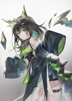 1girl ahoge aqua_hair arknights bare_shoulders black_collar black_hair black_jacket black_shorts breasts bright_pupils collar colored_inner_hair commentary cowboy_shot crystal crystal_horns crystal_tail detached_collar emoji from_behind gradient_background green_eyes green_hair green_jacket green_shirt green_streaks grey_background huge_ahoge jacket long_hair long_sleeves looking_at_viewer looking_back medium_breasts mon3tr_(arknights) multicolored_hair off_shoulder open_clothes open_jacket parted_lips pimi shirt short_shorts shorts sideboob sidelocks simple_background sleeveless sleeveless_shirt sleeves_past_fingers sleeves_past_wrists solo standing stethoscope stethoscope_around_neck streaked_hair tail thigh_strap twisted_torso two-sided_fabric two-sided_jacket two-tone_hair underbust white_background white_pupils