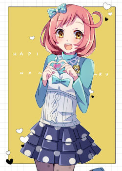 1girl :d ayase_naru blue_bow blue_sweater border bow brown_eyes cowboy_shot grey_pantyhose hair_bow hands_up heart heart_hands looking_at_viewer open_mouth outside_border pantyhose pink_hair polka_dot polka_dot_skirt pretty_rhythm pretty_rhythm_rainbow_live pretty_series ruka192 short_hair skirt smile solo standing sweater white_border yellow_background