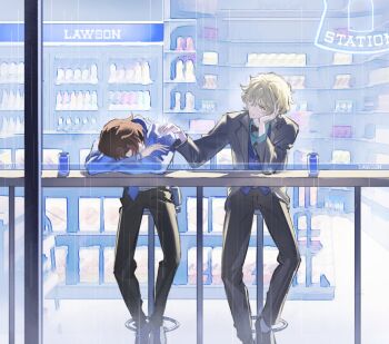 2boys black_jacket black_pants blonde_hair blue_jacket blue_vest brown_hair can covered_face crossed_arms florian_brand formal_clothes fuyao_(kafeiwww) hand_on_another&#039;s_shoulder head_on_arm head_on_hand identity_v jacket lawson looking_at_another male_focus matthias_czernin multiple_boys pants suit vest wavy_hair yellow_eyes