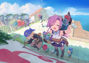 5girls ahoge ashwind_clan_(stella_sora) bag bandeau bare_shoulders baseball_bat baseball_cap baseball_glove bird black_gloves black_hair blonde_hair blue_hair breasts brown_bandeau character_request cloud collared_shirt curtained_hair day full_body game_cg gloves hat highres holding holding_bag holding_baseball_bat large_breasts minova_(stella_sora) mole mole_under_mouth multicolored_hair multiple_girls neuvira_(stella_sora) non-web_source official_art on_ground outdoors paint_can paint_splatter paintbrush painting_(action) paper_bag parted_bangs pink_hair pitching purple_eyes purple_hair shirt short_hair side_part sitting sleeveless sleeveless_shirt spray_paint stella_sora streaked_hair tied_shirt two_side_up vollara_(stella_sora) white_shirt