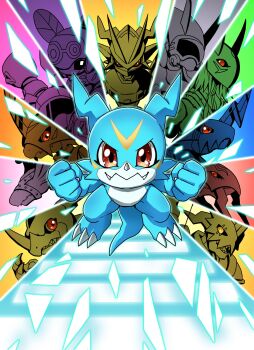 alternate_form armor clenched_hands crest crests_(digimon) depthmon digimon digimon_(creature) digimon_adventure_02 dragon evolution fangs fladramon gargomon goldv-dramon highres honeybeemon horns kangarumon lighdramon magnamon mask red_eyes sagittarimon sethmon sharp_teeth shiki_digi teeth v-mon wings yaksamon