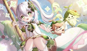 1girl :d aranara_(genshin_impact) bare_shoulders bloomers blue_sky braid carousel child cross-shaped_pupils dress dutch_angle feet_out_of_frame fingernails flower genshin_impact gold_trim gradient_hair green_eyes green_hair green_sleeves hair_between_eyes hair_ornament highres holding holding_pole horseback_riding leaf_hair_ornament looking_at_viewer multicolored_hair nahida_(genshin_impact) open_mouth outstretched_hand pointy_ears pole pomufuwari riding side_ponytail sidelighting sidelocks sitting sky sleeveless sleeveless_dress smile solo symbol-shaped_pupils tree underwear white_bloomers white_dress white_flower white_footwear white_hair