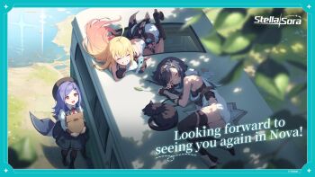 3girls ^_^ ahoge amber_(stella_sora) backless_shirt bag beret black_cat black_gloves black_hair black_hat black_leotard black_pantyhose black_skirt black_thighhighs blonde_hair blue_border boots border breasts brown_boots cat catnip cellphone closed_eyes commentary copyright_name dappled_sunlight dress elbow_gloves english_commentary english_text fingerless_gloves flip_phone gloves gradient_hair grin hat high_heel_boots high_heels highleg highleg_leotard highres holding holding_bag holding_phone iris_(stella_sora) large_breasts leotard lucky_oasis_(stella_sora) lying medium_hair miniskirt motor_vehicle multicolored_hair multiple_girls new_star_guild_(stella_sora) noya_(stella_sora) official_art on_side on_van outdoors pantyhose paper_bag phone pink_hair purple_hair red_eyes shirt short_dress sideless_dress skirt sleeping sleeveless sleeveless_shirt smile standing stella_sora sunlight thighhighs van volkswagen_type_2 white_dress white_shirt white_skirt