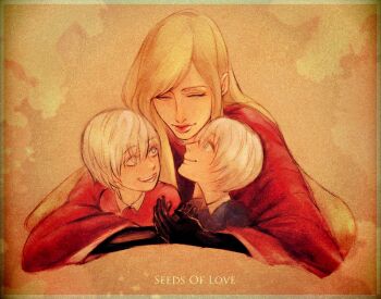 Rule 34 | 1girl, 2boys, blonde hair, brothers, capcom, dante (devil may cry), devil may cry (series), eva (devil may cry), family, happy, mother's day, mother and son, multiple boys, siblings, twins, vergil (devil may cry), white hair