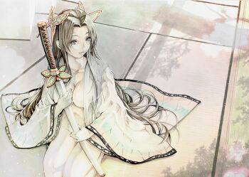 1girl black_hair breasts butterfly_hair_ornament closed_mouth collarbone commentary_request full_body hair_ornament haori holding holding_sword holding_weapon japanese_clothes katsu_(24791909) kimetsu_no_yaiba kimono kochou_shinobu large_breasts long_hair long_sleeves looking_to_the_side naked_kimono no_bra no_panties open_clothes open_kimono parted_bangs purple_eyes seiza sitting solo sword tatami thighs traditional_media very_long_hair weapon wide_sleeves
