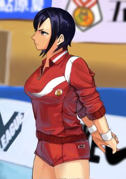 Rule 34 | 1girl, absurdres, ayuhara natsu, black hair, blue eyes, breasts, buruma, cowboy shot, from side, gym shorts, highres, jacket, justice gakuen, medium breasts, osushi961, red buruma, red jacket, red shirt, red shorts, shirt, short hair, shorts, solo, sportswear, volleyball uniform, wristband