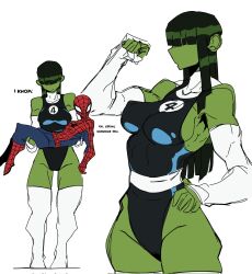 1boy 1girl alternate_hairstyle bodysuit breasts carrying colored_skin curvy fantastic_four full_body green_hair green_skin hair_over_eyes highleg highleg_leotard highres leotard long_hair marvel princess_carry revealing_clothes she-hulk shiny_clothes sideboob simple_background spider-man spider-man_(series) superhero_costume t1tans90 tall_female thong_leotard toned toned_female wide_hips
