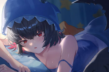 Rule 34 | 1girl, animal hood, black hair, blush, breasts, cleavage, colored inner hair, cowboy shot, curtains, ellen joe, fins, fish tail, hair between eyes, highres, hood, indoors, looking at viewer, lying, multicolored hair, obu (da1103ll), on bed, on stomach, open mouth, pillow, red eyes, red hair, shark girl, shark hood, shark tail, short hair, sidelocks, solo, tail, two-tone hair, zenless zone zero