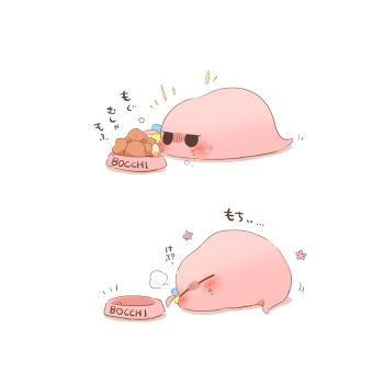 blush bocchi_the_rock! bowl closed_eyes commentary_request cube_hair_ornament eating flower_symbol food food_on_face gotoh_hitori gotoh_hitori_(tsuchinoko) hair_ornament no_humans pet_bowl pet_food rebecca_(keinelove) simple_background translation_request white_background