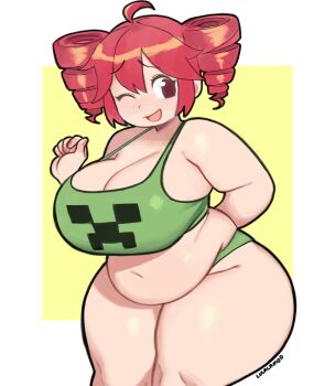1girl ahoge alternate_body_size alternate_breast_size_(larger) arm_behind_back bare_shoulders belly breasts cleavage creeper drill_hair fat fat_woman fatass_teto_(meme) green_panties green_shirt highres huge_breasts kasane_teto kasane_teto_(utau) lulalamoo meme minecraft navel one_eye_closed open_mouth panties plump red_eyes red_hair shirt smile solo thick_arms thick_thighs thighs twin_drills underwear utau white_background wide_hips yellow_background