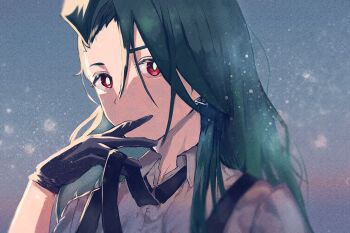 1girl ahoge androgynous awapontasu black_gloves black_necktie bright_pupils closed_mouth collared_shirt commentary_request earrings gloves green_hair hair_down jewelry long_hair necktie nintendo pokemon pokemon_sv red_eyes reverse_trap rika_(pokemon) shirt solo suspenders triangle_earrings upper_body white_pupils