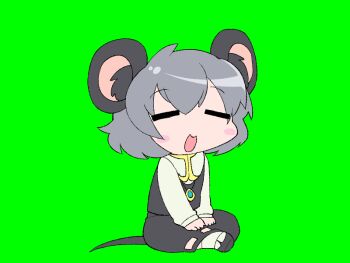 1girl animal_ear_fluff animal_ears animated animated_gif bowing closed_eyes commentary_request cookie_(touhou) full_body green_background grey_hair grey_shoes grey_skirt grey_vest long_sleeves looping_animation mouse_ears mouse_girl mouse_tail nazrin nyon_(cookie) open_mouth shirt shoes short_hair simple_background sitting skirt skirt_set smile socks solo syowahoka tail third-party_source touhou vest white_shirt white_socks