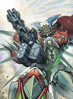 arm_blade armor biomechanical facing_viewer gatling_gun getter_arc getter_robo getter_robo_arc gun highres holding holding_gun holding_weapon mandibles mecha mecha_focus no_humans red_armor robot science_fiction sharp_teeth super_robot teeth weapon white_armor yamanushi yellow_eyes