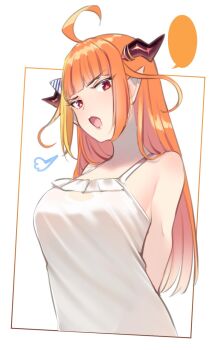 1girl ahoge alternate_costume arms_behind_back bare_shoulders blonde_hair blonde_streaks blunt_bangs bow breasts camisole diagonal-striped_bow dragon_girl dragon_horns hashtag-only_commentary highres hololive horn_bow horn_ornament horns isuka kiryu_coco large_breasts long_hair looking_at_viewer multicolored_eyes multicolored_hair open_mouth orange_hair pointy_ears puff_of_air purple_eyes sidelocks simple_background solo streaked_hair striped_bow upper_body virtual_youtuber white_background white_camisole