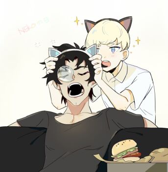 Rule 34 | 2boys, animal ear headwear, animal ears, arms up, asuka ryou, black hair, black shirt, blonde hair, blue eyes, burger, cat ears, closed eyes, collared shirt, commentary, couch, crew neck, devilman, devilman crybaby, doku0226, dot nose, fake animal ears, fingernails, food, fudou akira, male focus, multiple boys, nose bubble, open mouth, shirt, short sleeves, sitting, sleeping, sparkle, t-shirt, teeth, upper teeth only, white background, white shirt, wing collar