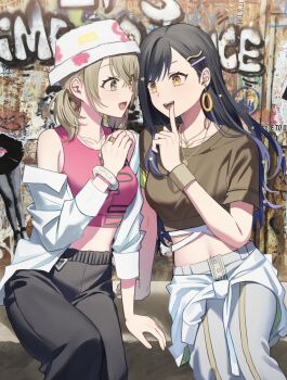 2girls azusawa_kohane black_hair black_pants black_shirt blue_hair bracelet break_down_the_wall_(project_sekai) brown_eyes brown_hair crop_top earrings gradient_hair graffiti hair_ornament hairclip hand_up highres jewelry layered_clothes long_hair long_sleeves looking_at_another midriff missing_commentary multicolored_hair multiple_girls multiple_necklaces mumat_39 necklace official_alternate_costume open_mouth orange_eyes pants project_sekai protected_link ring shiraishi_an shirt short_sleeves short_twintails sitting star_(symbol) star_hair_ornament twintails two-tone_hair