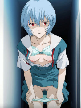 Rule 34 | 1girl, 2025, 20s, ayanami rei, blue hair, bra, breasts, censored, collarbone, eyelashes, female focus, gluteal fold, indoors, leaning forward, looking at viewer, matching underwear, mosaic censoring, neon genesis evangelion, nipples, open clothes, panties, panty pull, pussy, red eyes, sanmon, school uniform, short hair, small breasts, solo, thighs, tokyo-3 middle school uniform, underwear, undressing