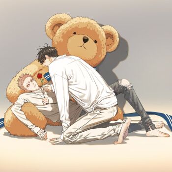 19_tian 2boys barefoot flower giving_flower he_tian jewelry kneeling long_sleeves looking_at_another lying male_focus mo_guan_shan multiple_boys old_xian pants red_flower ribbon ring rose shirt stuffed_animal stuffed_toy teddy_bear torn_clothes torn_pants white_pants white_shirt yaoi