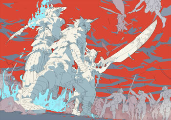 Rule 34 | 6+boys, animal ears, armor, arrow (projectile), battle, honya lala, male focus, multiple boys, pixiv fantasia, pixiv fantasia 1, sword, warrior, weapon, wings