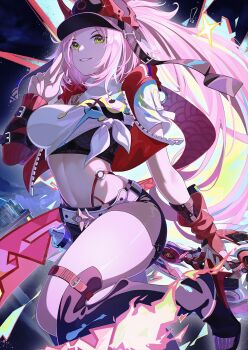 1girl arm_warmers asymmetrical_sleeves baseball_cap belt belt_buckle black_hat black_leg_warmers black_shoes black_shorts breasts bridal_gauntlets buckle commentary crop_top ezio_(pixiv_109778713) fishnet_bridal_gauntlets fishnet_top fishnets glint green_eyes grin groin hat high_heels highres holding holding_weapon honkai:_star_rail honkai_(series) horned_hat jacket kuji-in large_breasts leg_warmers long_hair looking_at_viewer midriff navel night open-toe_shoes open_clothes open_jacket outdoors parted_bangs pink_hair ponytail rappa_(honkai:_star_rail) red_arm_warmers red_jacket shirt shoes short_shorts short_sleeves shorts sidelocks single_sleeve smile solo spray_can teeth tied_shirt uneven_sleeves very_long_hair weapon white_belt white_shirt wrist_belt