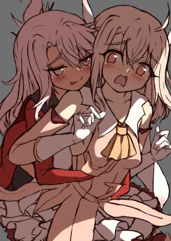 2girls blonde_hair chloe_von_einzbern fate/kaleid_liner_prisma_illya fate_(series) gloves grabbing_another&#039;s_breast grabbing_from_behind groping illyasviel_von_einzbern loli multiple_girls peisuto pink_hair prisma_illya tongue tongue_out yuri