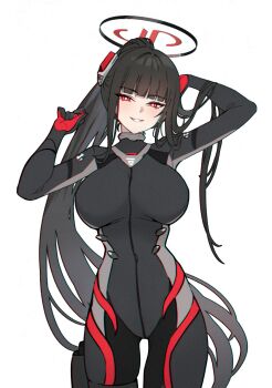 1girl admiralkeyes arm_behind_head black_bodysuit black_halo blue_archive bodysuit breasts bright_pupils commentary cowboy_shot grey_bodysuit halo hands_up highres huge_breasts long_hair looking_at_viewer multicolored_bodysuit official_alternate_costume ponytail red_bodysuit red_eyes red_halo rio_(armed)_(blue_archive) rio_(blue_archive) simple_background smile solo standing teeth very_long_hair white_background white_pupils