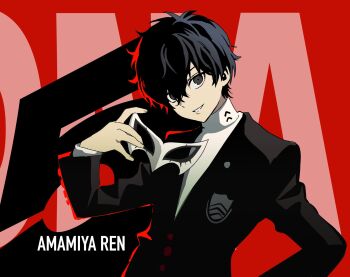 1boy amamiya_ren betti_(xx_betti) black_hair black_jacket english_text highres holding holding_mask jacket looking_at_viewer male_focus mask persona persona_5 school_uniform shuujin_academy_school_uniform white_mask