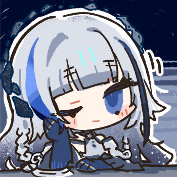 Rule 34 | 1girl, blue eyes, blue hair, blush stickers, chibi, chibi only, chinese commentary, cui pi zha xia qiu, darkstar hubble (neural cloud), elbow rest, girls' frontline, girls' frontline neural cloud, grey hair, grey shirt, head rest, hubble (neural cloud), long hair, looking at viewer, official art, one eye closed, second-party source, shirt, solo, table