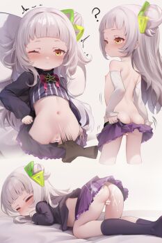 1boy 1girl all_fours ass bar_censor black_shirt black_skirt black_socks blunt_bangs blush breasts brown_eyes censored cleft_of_venus closed_eyes clothes_grab clothes_lift clothes_pull cum cum_on_ass cum_on_body cum_on_clothes detached_sleeves disembodied_hand expressionless from_behind grin hair_bun hair_ornament hetero highres hololive kneehighs loli long_hair lying male_hand microskirt motion_lines multiple_views murasaki_shion navel nipples no_panties on_back one_eye_closed pillow pulling_another's_clothes pulling_own_clothes purple_skirt pussy shirt sideboob skirt skirt_grab skirt_lift skirt_pull small_breasts smile socks standing stomach striped_clothes striped_shirt thighs top-down_bottom-up topless_female vertical-striped_clothes vertical-striped_shirt virtual_youtuber white_hair white_sleeves yoko-chan_(mijizukeyoko)