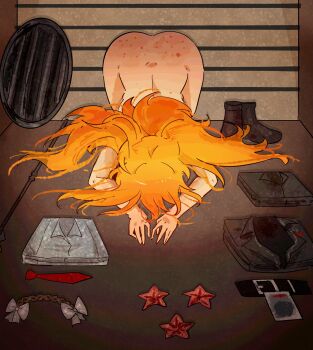 1girl arczaeon ass ass_freckles belt body_freckles boots coat completely_nude dogeza folded_clothes freckles grate hair_spread_out hairband highres ishmael_(project_moon) limbus_company long_hair naked_dogeza necktie nude orange_hair project_moon ribbon shirt solo star_(symbol) very_long_hair