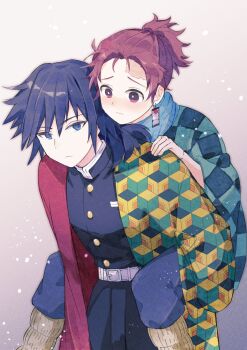 2boys akinome7323 alternate_hairstyle black_hair black_jacket brown_hair demon_slayer_uniform earrings hanafuda_earrings haori high_collar highres jacket japanese_clothes jewelry kamado_tanjirou kikkoumon kimetsu_no_yaiba long_hair low_ponytail male_focus multiple_boys ponytail print_haori spiked_hair tomioka_giyuu
