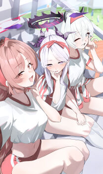 6+girls absurdres ahoge alternate_costume alternate_hairstyle blue_archive blurry blurry_background blush breasts brown_eyes brown_hair buruma day demon_girl demon_horns erika_(blue_archive) fingernails gyaru gym_uniform hairband hasumi_(blue_archive) hasumi_(track)_(blue_archive) headband highres himari_(blue_archive) hina_(blue_archive) horns jacket jacket_on_shoulders kirara_(blue_archive) kogal kumakono long_fingernails long_hair looking_at_viewer mari_(blue_archive) mari_(track)_(blue_archive) midriff multiple_girls navel no_halo noa_(blue_archive) on_grass one_eye_closed outdoors ponytail purple_eyes purple_hair red_buruma red_eyes red_hair red_hairband red_headband red_nails running_track selfie short_hair sitting sitting_on_stairs small_breasts socks stairs stomach teeth thighs tied_jacket v white_eyes white_hair white_socks yuuka_(blue_archive) yuuka_(track)_(blue_archive)