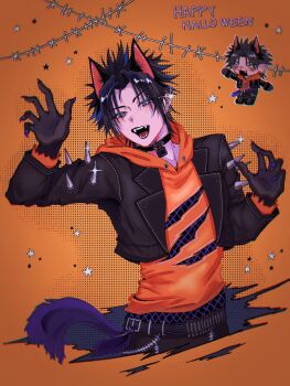 1boy animal_ears belt black_belt black_boots black_collar black_gloves black_hair black_jacket black_pants blurry boots bullet chibi chibi_inset claw_pose claws collar commentary_request cropped_jacket depth_of_field dog_ears fangs final_fantasy final_fantasy_vii final_fantasy_vii_ever_crisis fishnet_top fishnets gloves hair_intakes halloween hands_up happy_halloween highres hood hood_down hoodie jacket kemonomimi_mode leather leather_jacket lock male_focus multiple_views open_mouth orange_background orange_hoodie padlock padlocked_collar pants parted_bangs short_hair spiked_hair spiked_jacket star_(symbol) ta0_ff_gtmt torn_clothes zack_fair zack_fair_(black_hound)