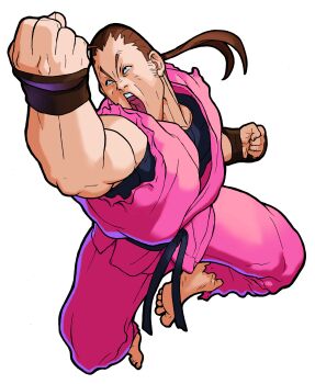 Rule 34 | 1990s (style), 1boy, absurdres, barefoot, belt, bengus, black belt, brown hair, clenched hands, dougi, fingerless gloves, from above, game cg, gloves, hibiki dan, highres, jumping, male focus, martial arts belt, marvel super heroes vs. street fighter, marvel vs. capcom, mma gloves, non-web source, official art, open mouth, ponytail, retro artstyle, simple background, solo, street fighter, teeth, undershirt, upper teeth only, white background