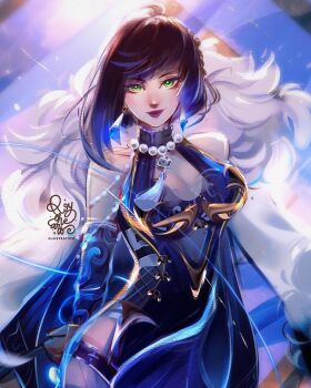 1girl bare_shoulders black_hair blue_hair breasts cleavage commentary diagonal_bangs earrings english_commentary genshin_impact gloves green_eyes highres jewelry large_breasts looking_at_viewer mole mole_on_breast multicolored_hair roytheart short_hair smile solo yelan_(genshin_impact)