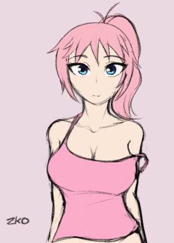 1girl animated animated_gif blue_eyes bouncing_breasts breasts cleavage clothes_lift collarbone crystal_(lewd-zko) expressionless hypnosis large_breasts lewd-zko looking_at_viewer mind_control navel nipples open_mouth original pink_hair pink_theme ponytail pov presenting rolling_eyes shirt_lift short_hair signature simple_background sketch solo top_lift underboob zko