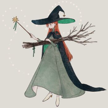 1girl black_cape black_hat branch cape closed_mouth commentary_request dress from_side full_body green_background green_dress green_eyes hat high_collar high_heels holding holding_branch holding_wand limo_nine long_dress long_hair long_sleeves original profile red_hair shoes simple_background smile solo wand white_shoes witch witch_hat