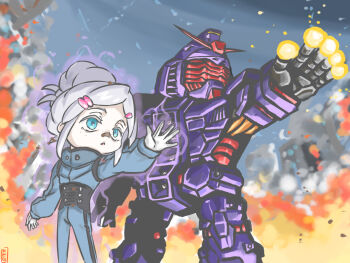 1girl beam_cannon blue_eyes building burning chest_cannon chibi commentary_request debris derivative_work destruction deux_murasame energy energy_gun faceplate finger_cannon firing gundam gundam_gquuuuuux highres machinery mecha mecha_focus mecha_pilot_suit mobile_suit mukago normal_suit_(gundam) partial_commentary psycho_gundam reactive_armor red_visor robot ruins science_fiction signature sketch smoke v-fin weapon