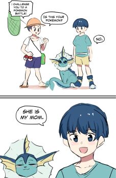 2boys 2koma bug_catcher_(pokemon) comic english_text gen_1_pokemon hand_on_own_hip highres hinghoi male_focus meme multiple_boys nintendo npc_trainer poke_ball pokemon pokemon_(creature) pokemon_rgby simple_background smile speech_bubble standing vaporeon vaporeon_copypasta_(meme) what white_background