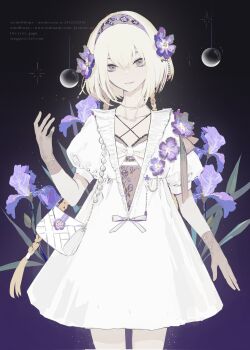 Rule 34 | 1girl, bag, black background, bow, bowtie, brown gloves, collarbone, crossed bangs, dress, email address, flat chest, floral print, flower, flower request, gloves, grey eyes, hair between eyes, hair flower, hair ornament, hairband, hand up, handbag, highres, looking at viewer, night, original, parted lips, purple flower, purple hairband, shengdi yage, short hair, sky, solo, standing, star (sky), tulip, watermark, web address, white bow, white bowtie, white dress, white hair, yellow flower