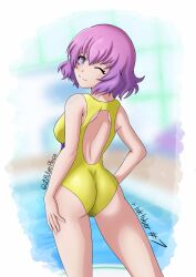 Rule 34 | 1girl, absurdres, artist name, ass, blush, hand on own hip, highres, inktober, jspictureplace, kawai hanabi, keijo!!!!!!!!, looking at viewer, looking back, one-piece swimsuit, one eye closed, pool, poolside, purple eyes, purple hair, smile, swimsuit, thighs, twitter username, yellow one-piece swimsuit, yellow swimsuit