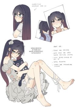 1girl alternate_costume alternate_universe aqua_eyes asymmetrical_bangs bare_shoulders barefoot black_hair blunt_bangs blush bow casual character_profile closed_mouth clothing_cutout collarbone contemporary cropped_torso detached_sleeves dress eyelashes facing_to_the_side fingernails foot_up formal_clothes frilled_dress frills full_body genshin_impact gradient_hair grey_shirt hair_between_eyes hair_bow hair_down hair_pulled_back half-closed_eyes highres holding holding_stuffed_toy hugging_object leaning_back long_hair looking_at_viewer looking_to_the_side mona_(genshin_impact) multicolored_hair official_alternate_hairstyle parted_bangs pink_hair puffy_sleeves scaramouche_(cat)_(genshin_impact) scaramouche_(genshin_impact) shirt short_eyebrows short_sleeves side_cutout sidelocks smile solo spaghetti_strap stuffed_animal stuffed_toy thigh_strap toenails toes twintails white_background white_bow white_dress white_sleeves ysnden